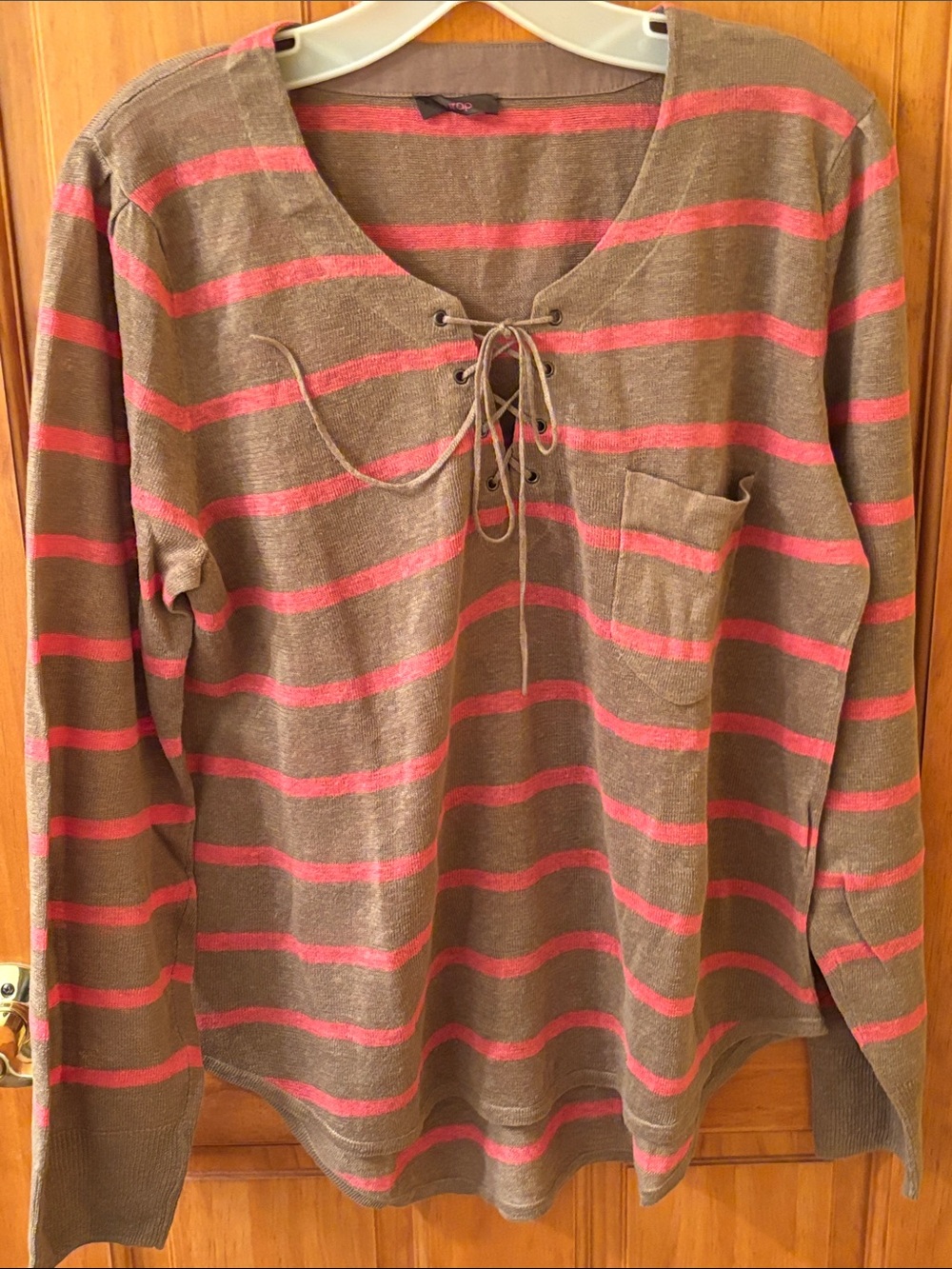 Wrap London Brown and Pink Striped Lace-Up Sweater